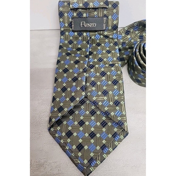 Renzo Men's 100% Silk Handmade Necktie Geometric Blue Navy Green EUC - Picture 5 of 8